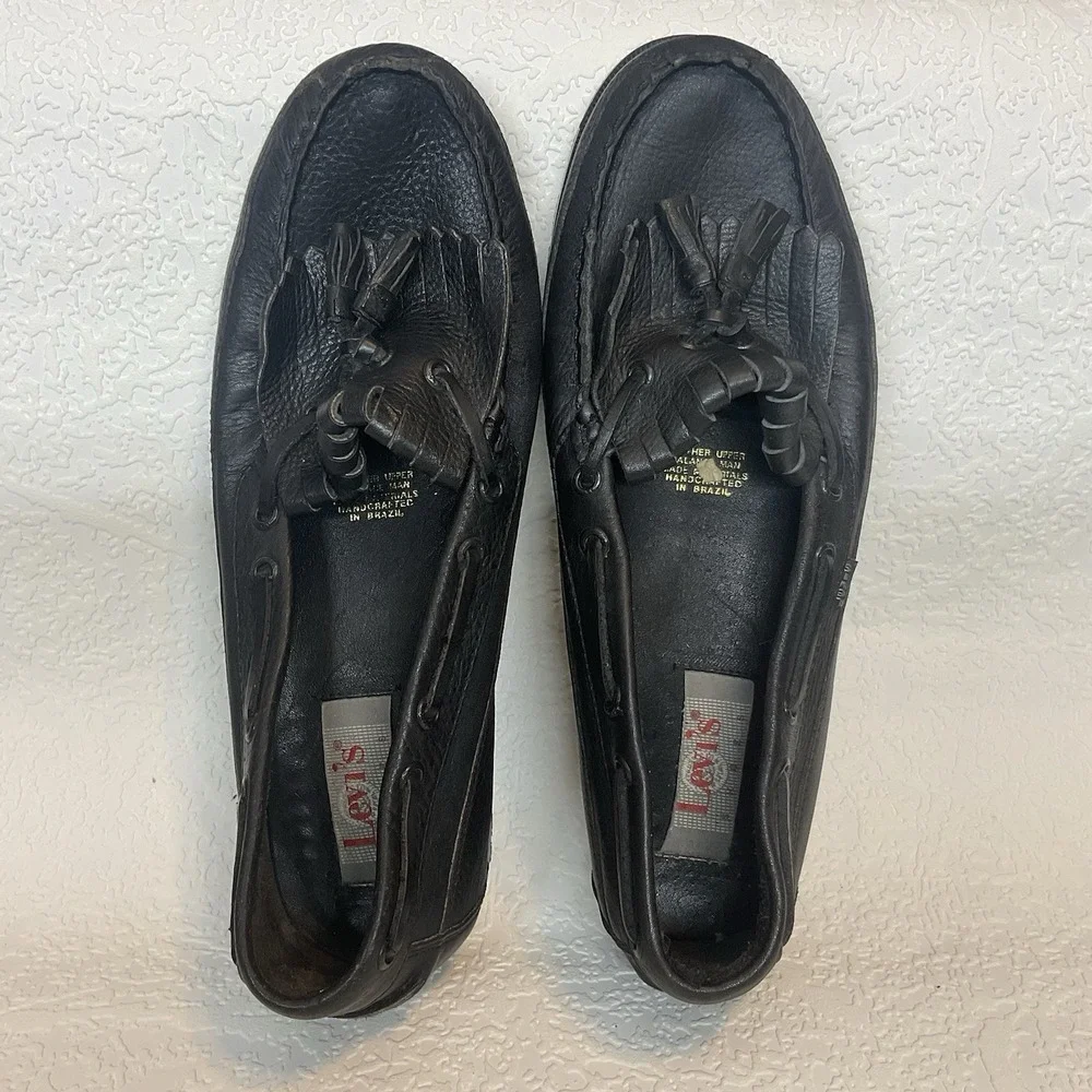 Vintage LEVI'S Men's Black Leather Tassel Loafers Slip On Driving Mocc 10.5 M‎
